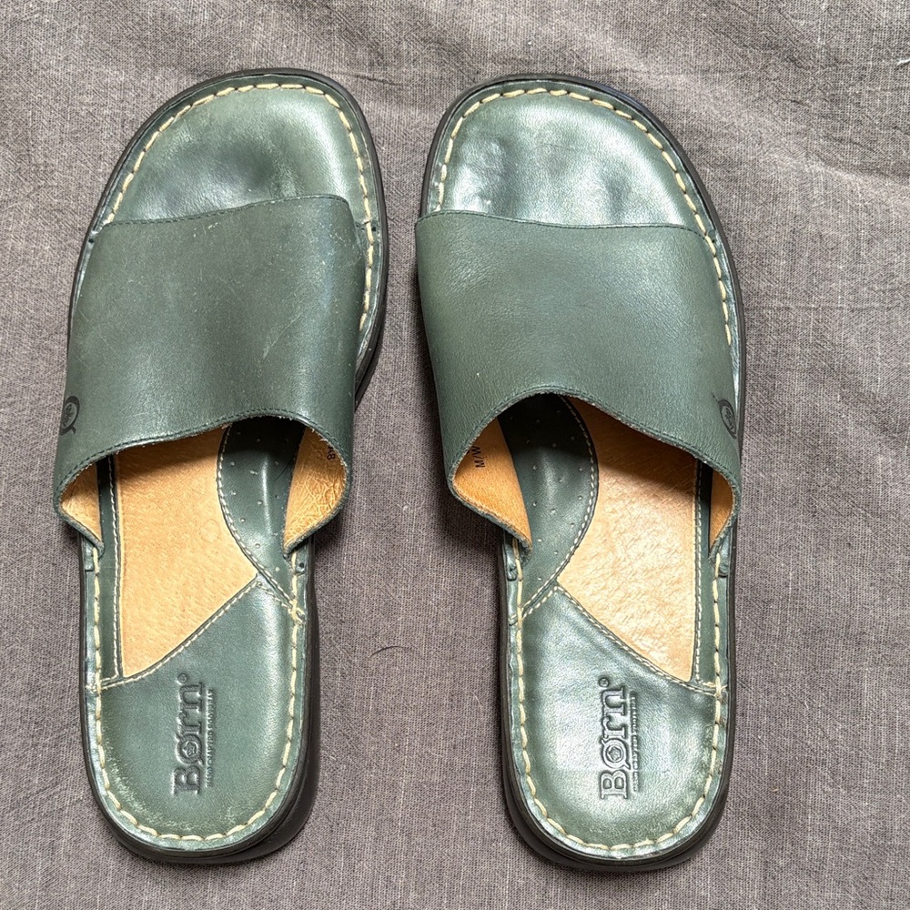 Born Olive Green Leather Slide Sandals